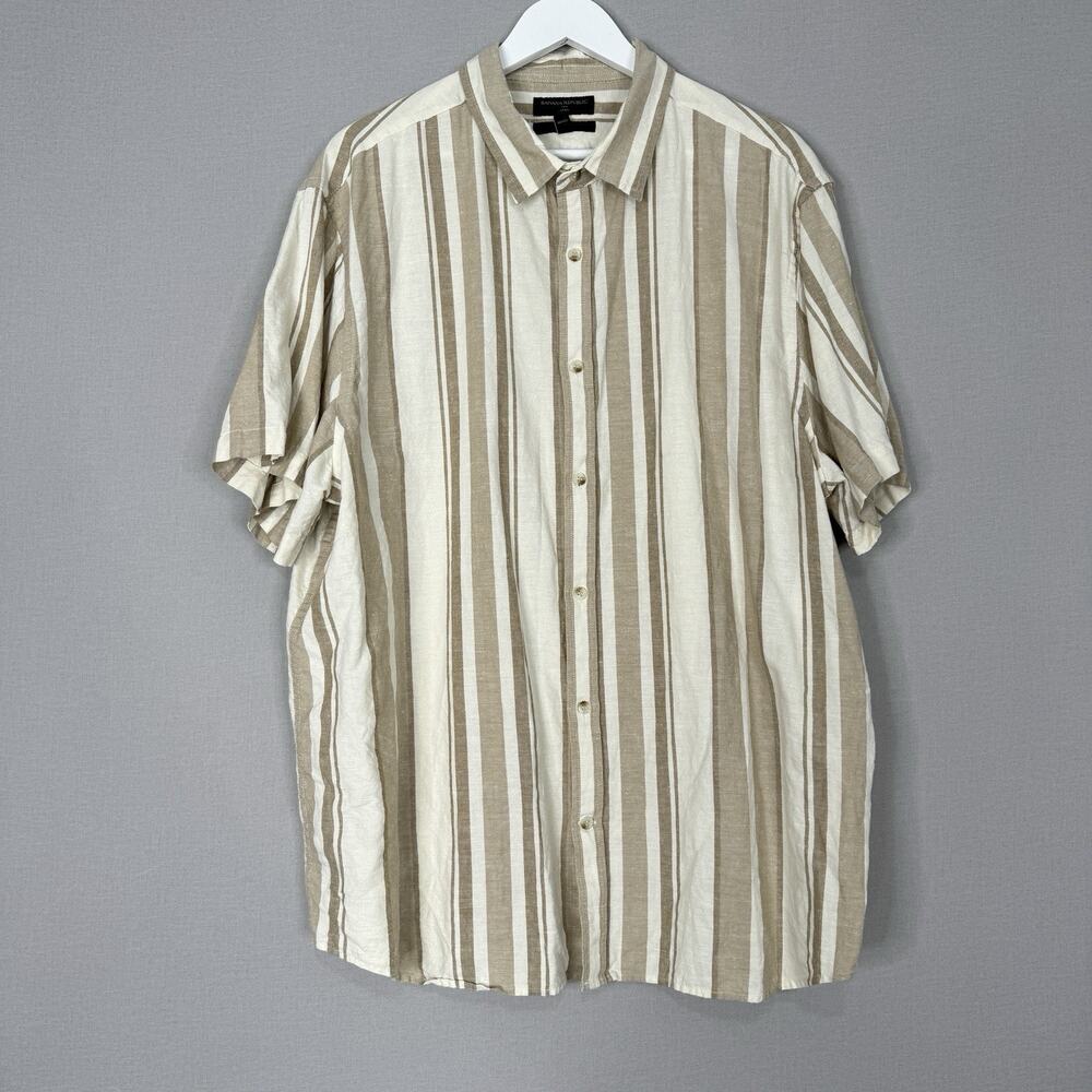 Banana Republic Mens Shirt XXL Tan Linen Blend Striped Slim Fit Old Money Preppy